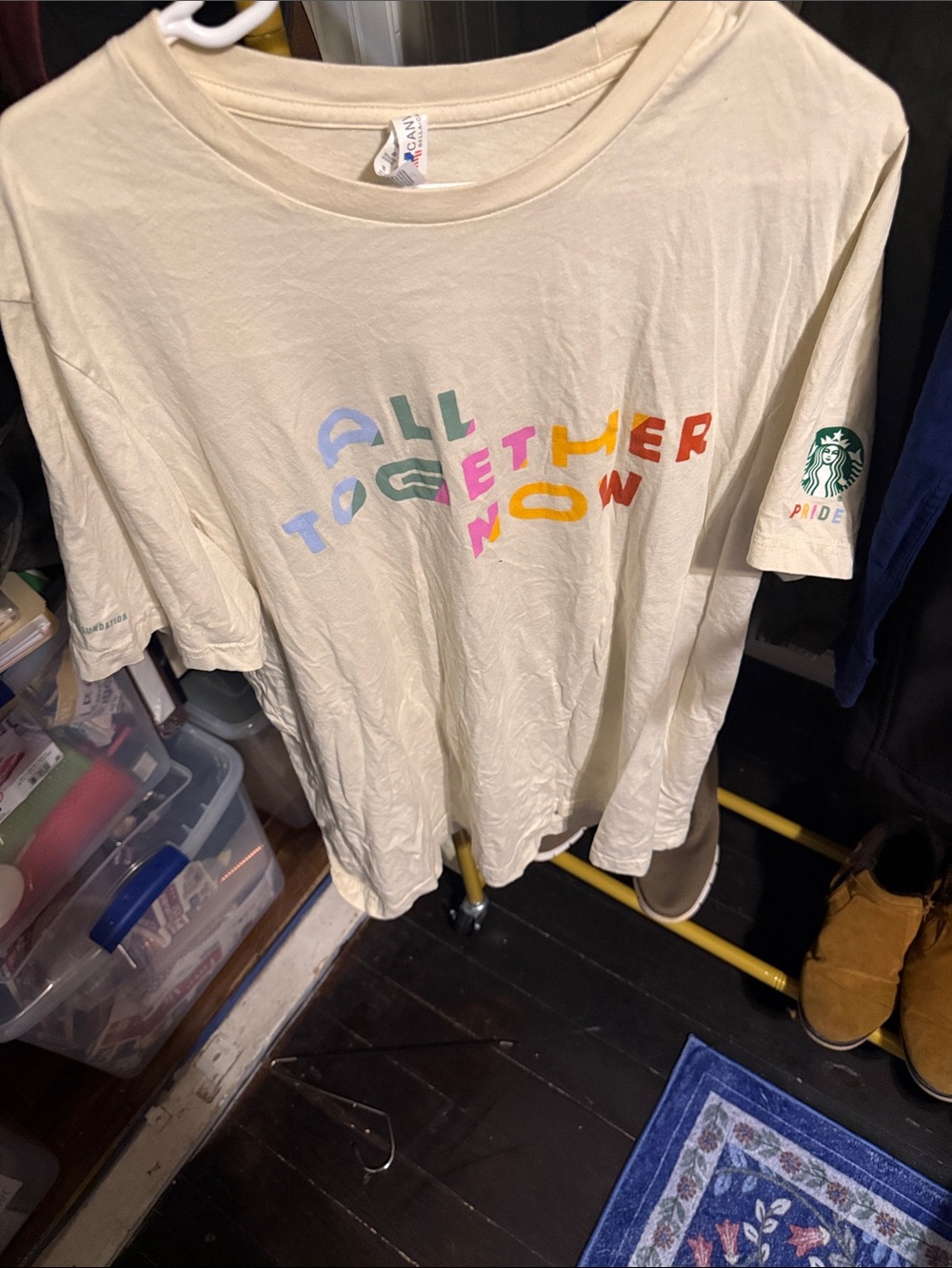 Starbucks Cream Short Sleeve Tee with Multicolor 'All Together Now' Text